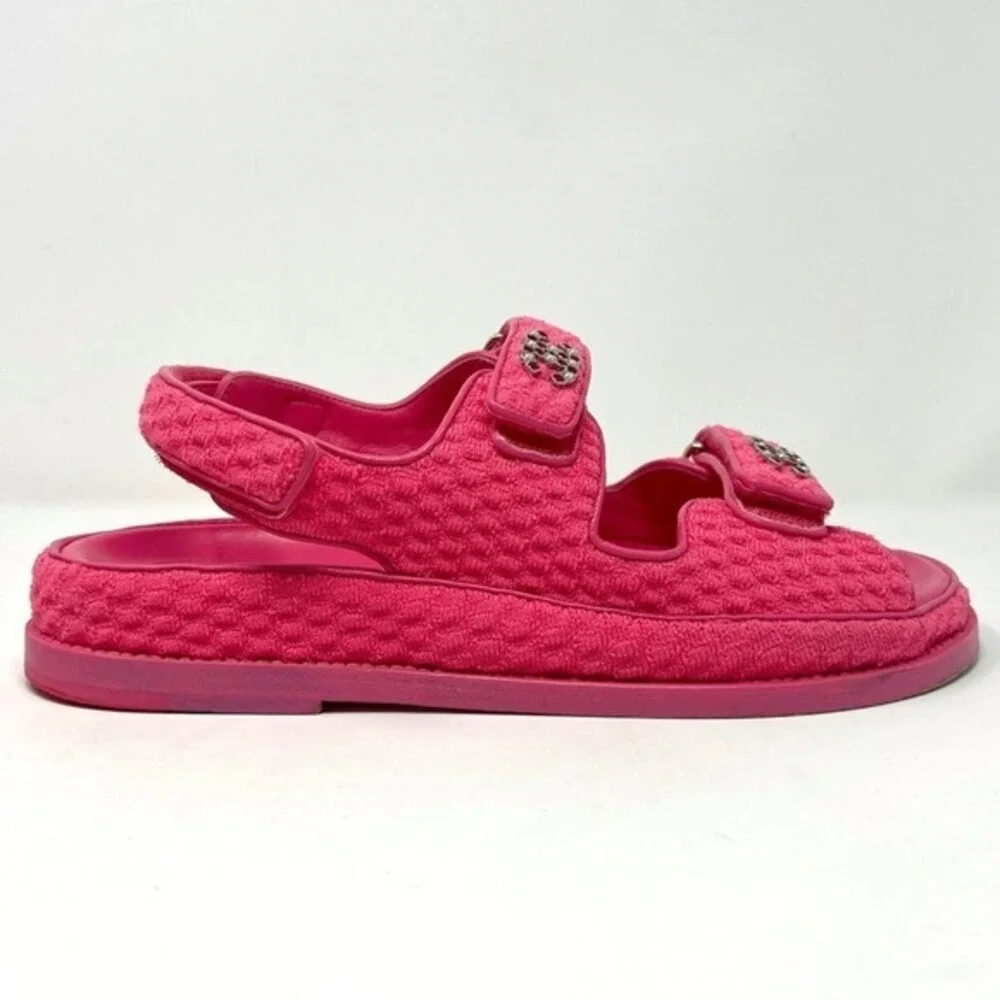 Chanel Pink Tweed CC Dad Flat Double‎ Strap Sandals 39 Karl Lagerfeld